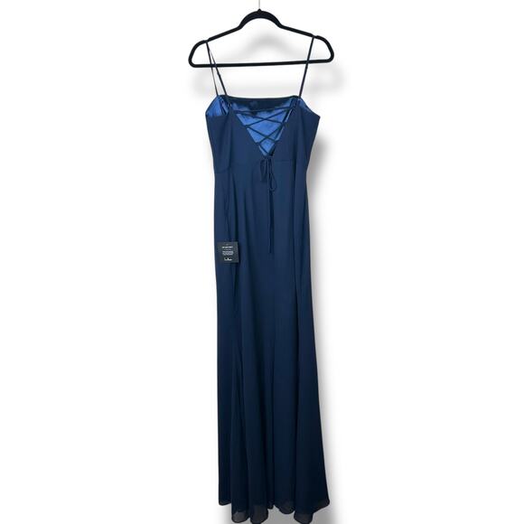Lulus NWT Feeling Elegant Navy Blue Lace-Up Slit Chiffon Maxi Dress Medium - Picture 7 of 11